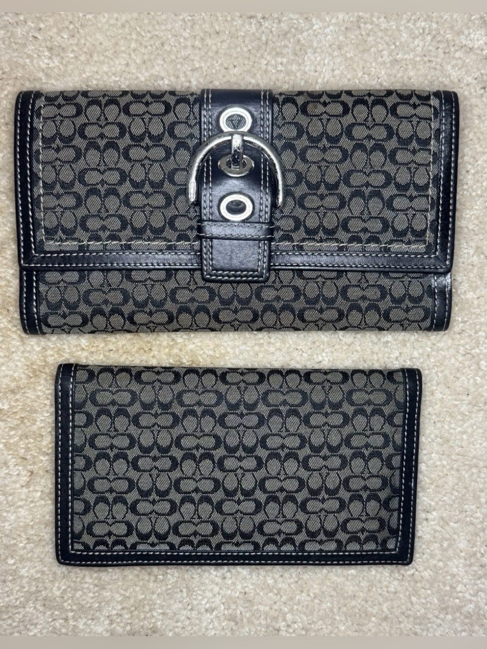 Vintage Coach Soho Black Signature C Canvas Trifold Wallet Checkbook Set Y2K